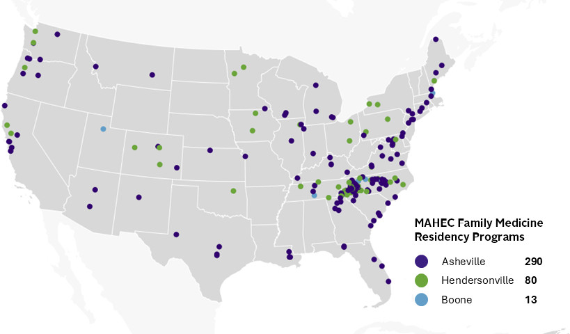 MAHEC Family Medicine Residency Graduates Map showing 290 from the Asheville program, 80 from the Hendersonville program, and 13 from the Boone program